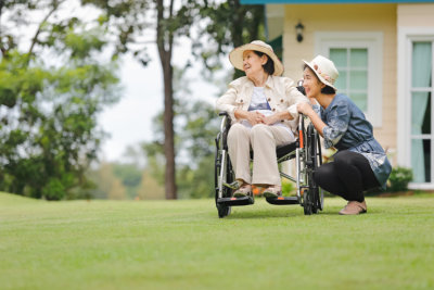 a woman and a nurse outside